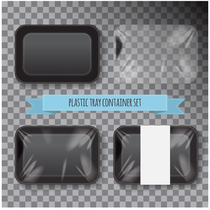 Vector conjunto de envase de bandeja de comida de plástico de espuma de poliestireno rectángulo negro.