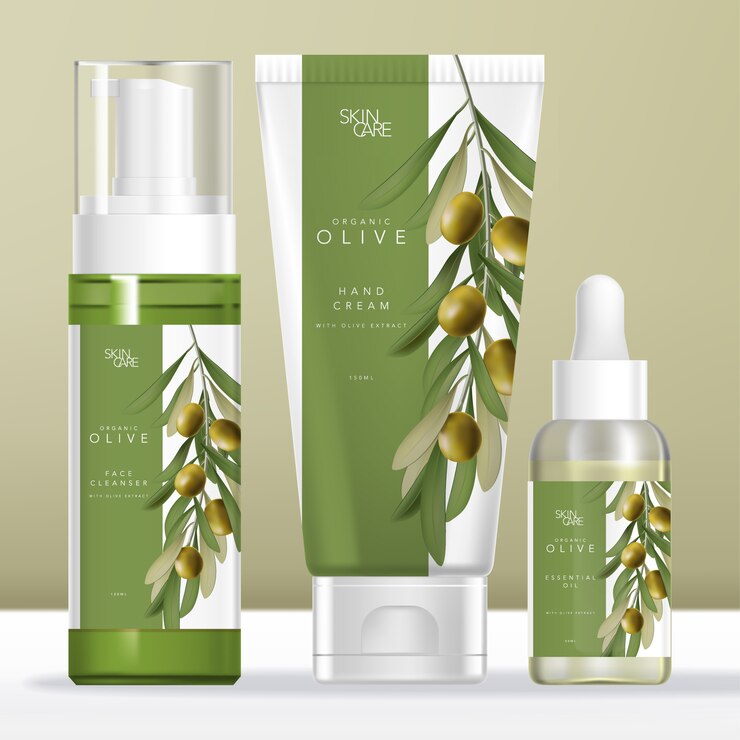 Conjunto de envases de belleza de aceite de oliva con botella de espuma transparente, frasco gotero de vidrio y tubo. Ilustración verde oliva impresa.