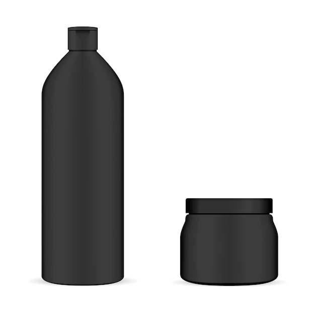 Conjunto de envases cosméticos negro. Botella y tarro.