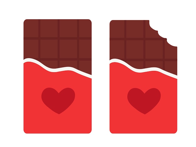 Conjunto de envases rojos de barras de chocolate enteras y mordidas con corazón Dulce día de San Valentín Vector plano