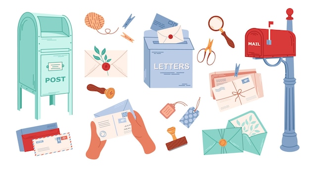 Conjunto de envíos postales Sello de cera de sobres y tarjetas postales Diferentes buzones de correo Concepto de comunicación de mensajes de entrega Ilustración vectorial aislada