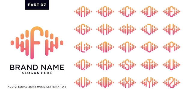 Conjunto de equalizador de música y inspiración de diseño de logotipo de audio combinado con la letra de a a z parte siete