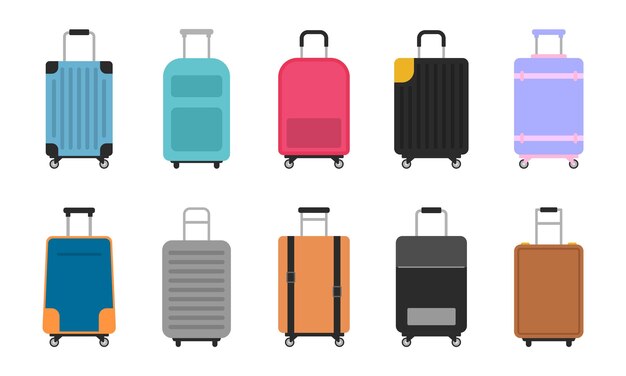 Vector conjunto de equipaje colección colorido equipaje de viaje conjunto para viajes o viajes maleta bolsa de plástico bolsa de viaje equipaje viaje de verano con bolsas y maletas accesorio maleta ilustración vectorial