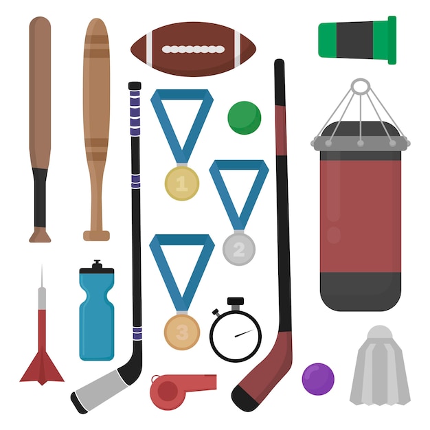 Conjunto de equipamiento deportivo. Deportes. Vector