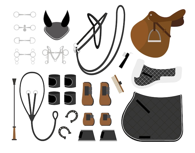 Conjunto de equipamiento ecuestre y ecuestre en estilo plano.