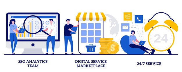 conjunto de equipo de análisis de SEO, mercado de servicios digitales, servicio 24 horas al día, 7 días a la semana