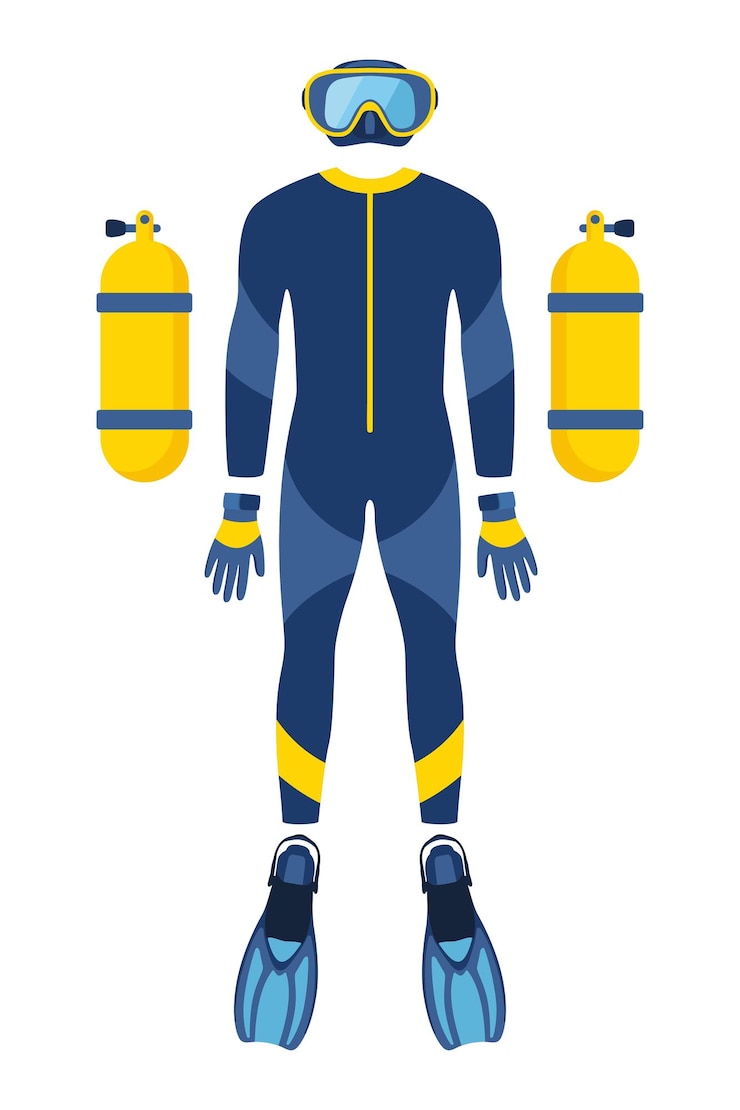 Vector conjunto de equipo de buceo buceo aqualung cilindros de oxígeno vestido de buzeo aletas máscara y tubo
