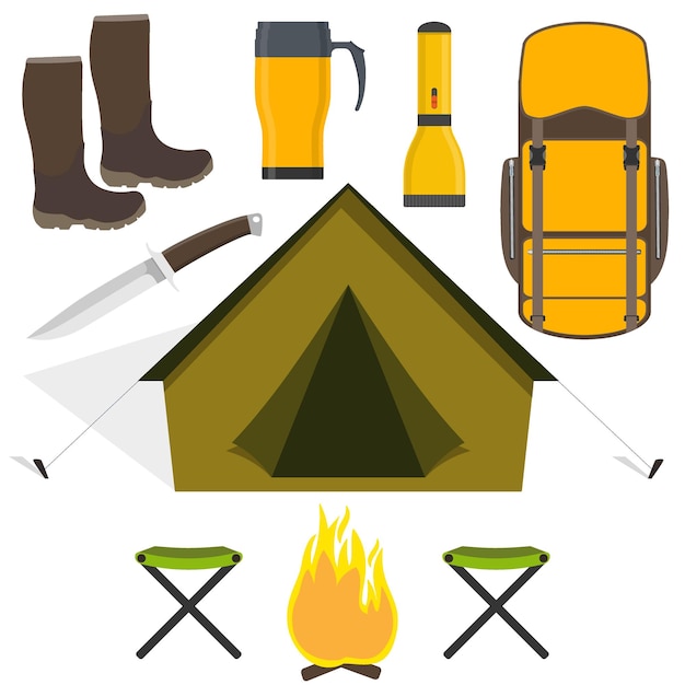 Conjunto de equipo de campamento carpa mochila botas de fuego linterna taza cuchillo taburete