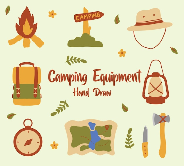 Conjunto de equipo de camping o ilustración de conjunto de viaje