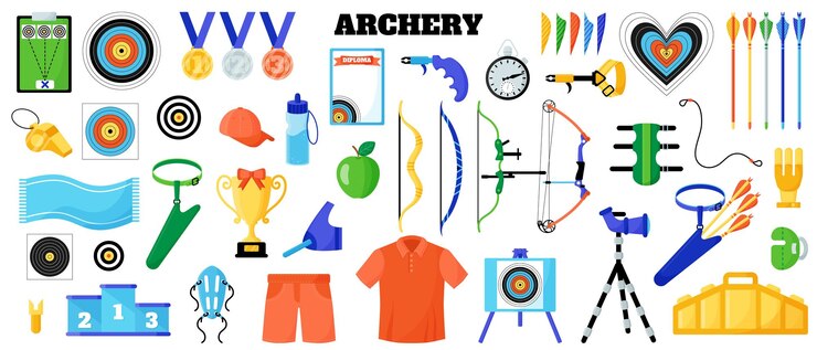 Vector conjunto de equipo deportivo de tiro con arco arco flecha objetivo cuerda guante cinturón protección, etc. juegos de verano