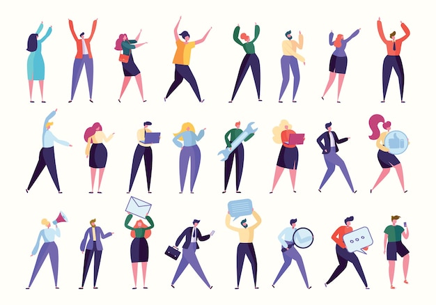 Conjunto de equipo de empleados de varios gestos. Trabajo empresarial aislado. Gerente de Ayuda, Recursos Humanos encontró un nuevo trabajador, Personas con computadora, Negocios corporativos. Colección de ilustraciones vectoriales de dibujos animados planos