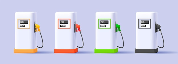 Conjunto de equipo de gasolinera ilustración de renderizado 3d blanco con estilo de renderizado de icono digital de pistolas de gas de colores