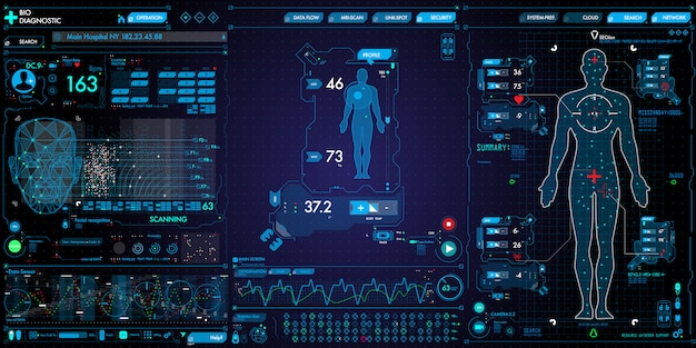 Conjunto de equipo de interfaz de usuario de tecnología médica e iconos sobre fondo oscuro.