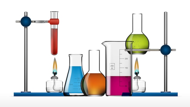 Conjunto equipo laboratorio químico realista frascos vidrio vasos lámparas espíritu