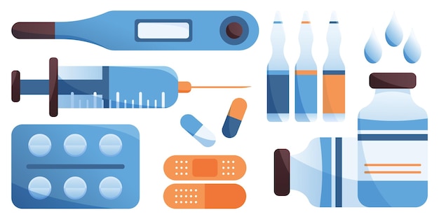 Vector conjunto de equipo médico y botiquín de primeros auxilios de farmacia