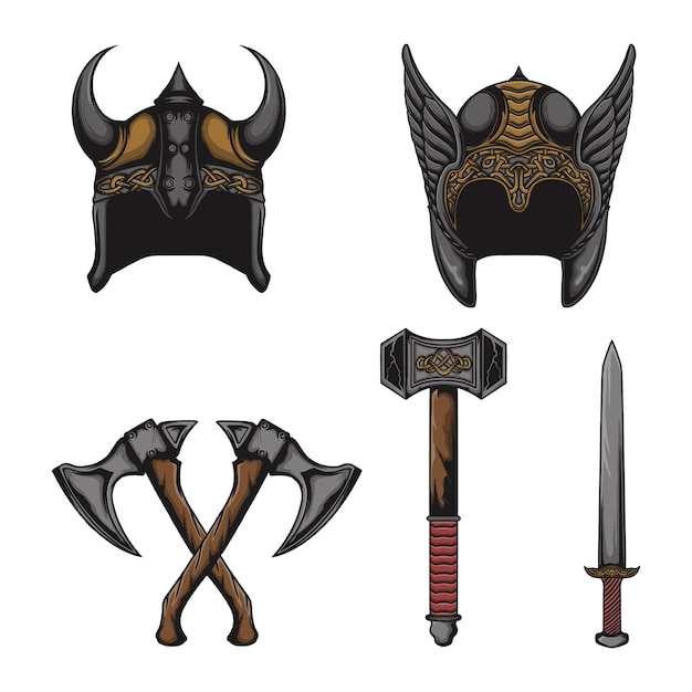 Conjunto de equipo vikingo y vector.