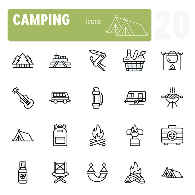 Conjunto de equipos de acampada con íconos de línea minimalistas que muestran
