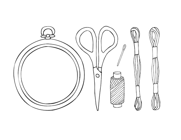 Conjunto de equipos de accesorios de bordado dibujados a mano.