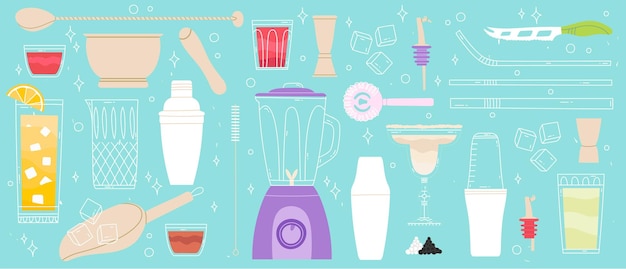 Conjunto de equipos de barman. Fondo de equipo de barman barman con juego de utensilios de cocina aislados