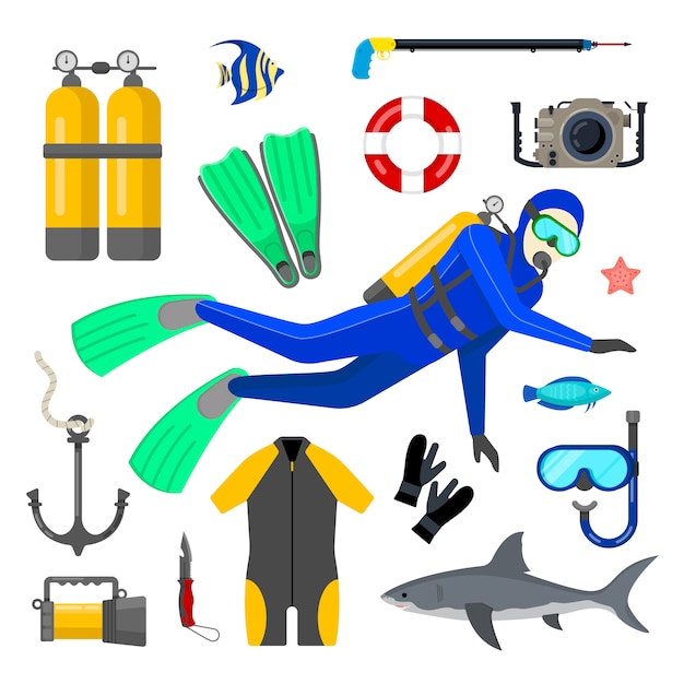 Vector conjunto de equipos de buceo.