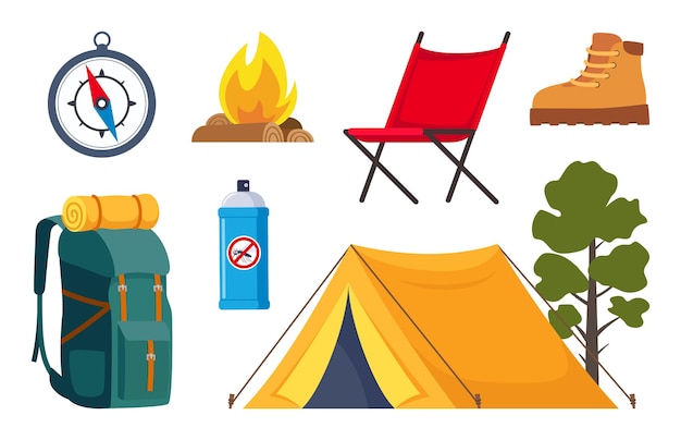 Vector conjunto de equipos de camping y senderismo gran colección de elementos o iconos para aventuras deportivas