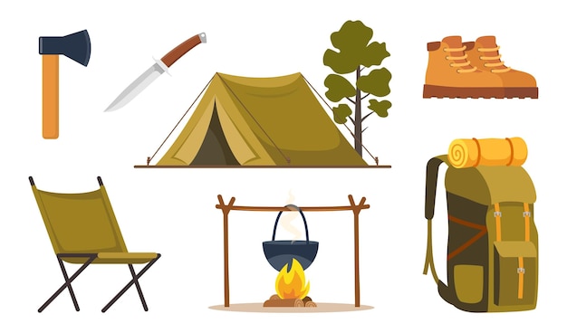 Vector conjunto de equipos de camping y senderismo gran colección de elementos o iconos para aventuras deportivas