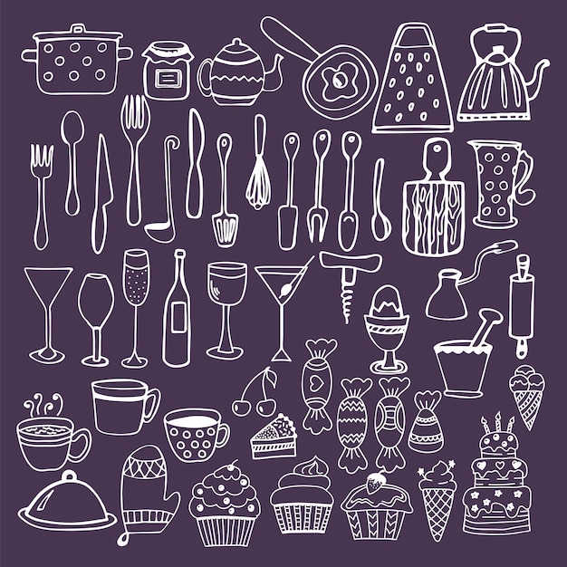 Conjunto de equipos de cocina dibujados a mano Colección de utensilios de cocina