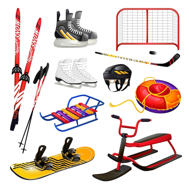 Vector conjunto de equipos de deportes de invierno accesorios deportivos ilustración vectorial esquí hockey sobre hielo snowboard biatlón patinaje trineo tubo ilustración vectorial