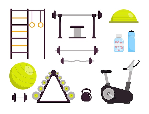 Conjunto de equipos deportivos al estilo de dibujos animados Ilustración vectorial de diferentes objetos deportivos en gimnasios para fitness barras horizontales barras de pared suecas bola de ejercicio bicicleta kettlebell botella de agua