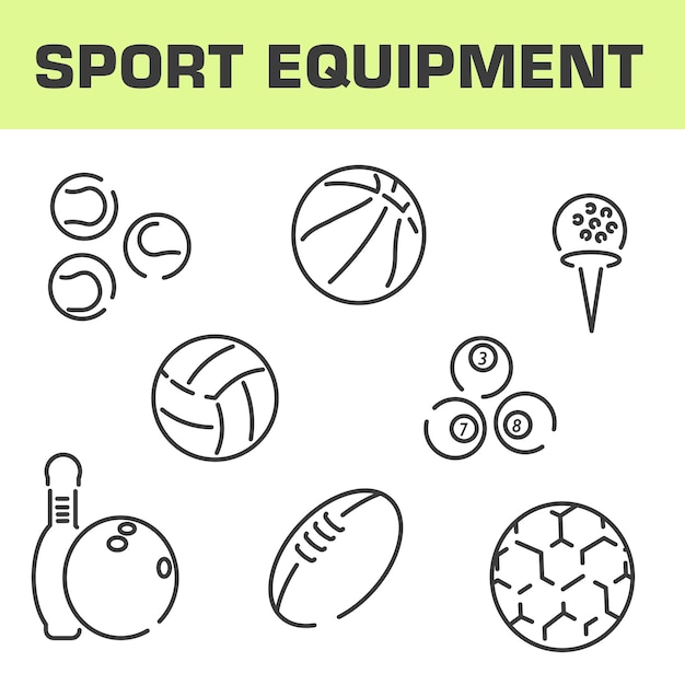 Un conjunto de equipos deportivos Bolas para varios juegos deportivos Línea delgada