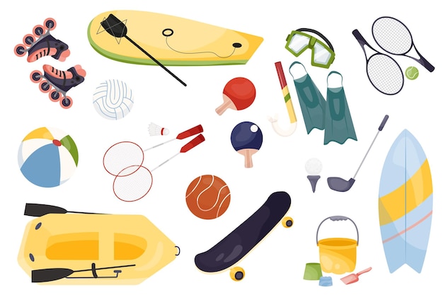 Un conjunto de equipos deportivos para deportes de verano Ilustraciones de equipos deportivas en estilo plano