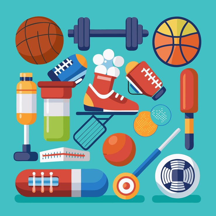 Vector conjunto de equipos deportivos de dibujos animados iconos de fitness y gimnasio vector