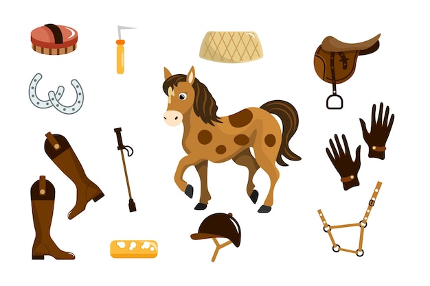 Conjunto de equipos de equitación en estilo de dibujos animados Vector ilustración de caballos cascos guantes polainas sillas de montar almohadillas herramientas de limpieza herraduras sobre fondo blanco