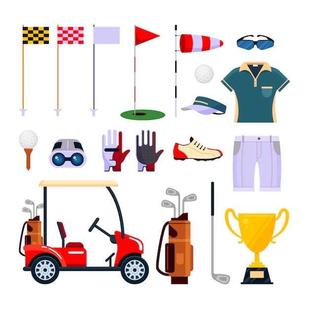 Conjunto de equipos de golf en estilo plano aislado sobre fondo blanco. ropa y accesorios para golf, juego deportivo. colección de iconos para golf.