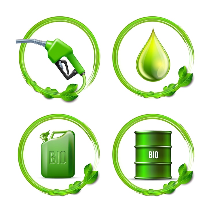 Vector conjunto de equipos de la industria petrolera verde con palabra bio y hojas verdes aisladas sobre fondo blanco