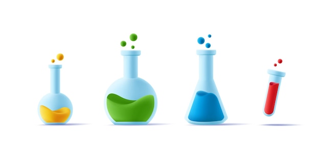 Conjunto de equipos de laboratorio de beackers de vidrio de diferentes formas y con icono de renderizado 3d líquido de color