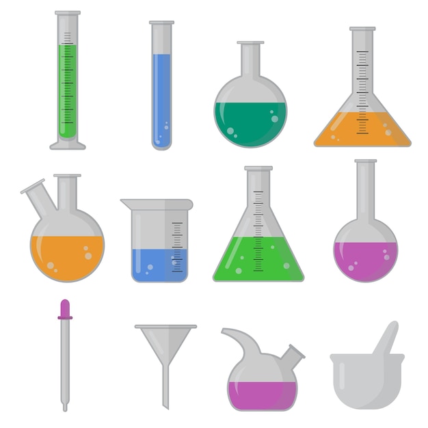 Vector conjunto de equipos de laboratorio de ciencias matraces de precipitados y tubos de ensayo para experimentos científicos ilustración vectorial aislada sobre fondo blanco