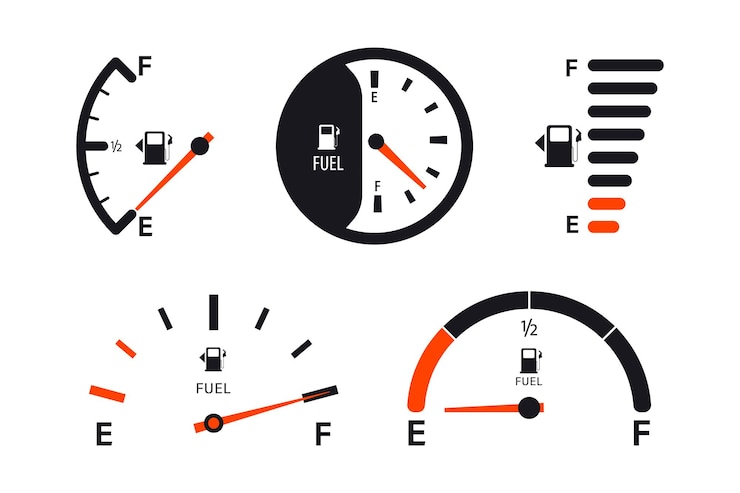 Vector conjunto de escalas de indicador de combustible. medidor de combustible. indicador de combustible. indicador del tanque de gasolina. medidor de la barra del tanque de nivel de aceite. velocímetro del indicador de combustible de colección sobre un fondo blanco.
