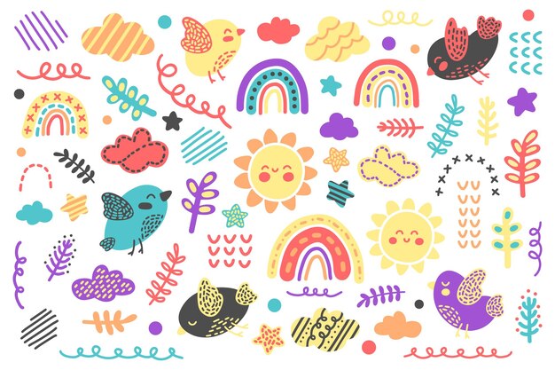 Conjunto escandinavo de vector de verano para niños brillantes Kawaii garabatos cliparts para impresiones decoración regalos