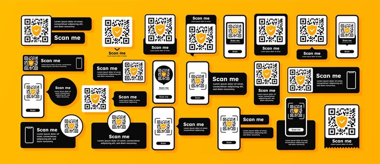 Vector conjunto de escaneo de códigos qr códigos de barras con inscripciones en la pantalla del teléfono inteligente comercio electrónico y marketing digital identificación e inventario colección de vectores planos aislados en fondo blanco