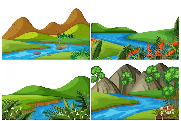 Vector un conjunto de escena al aire libre que incluye río