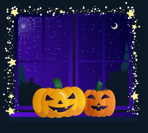 Vector conjunto de escena de halloween vista desde la ventana noche de miedo ilustración vectorial