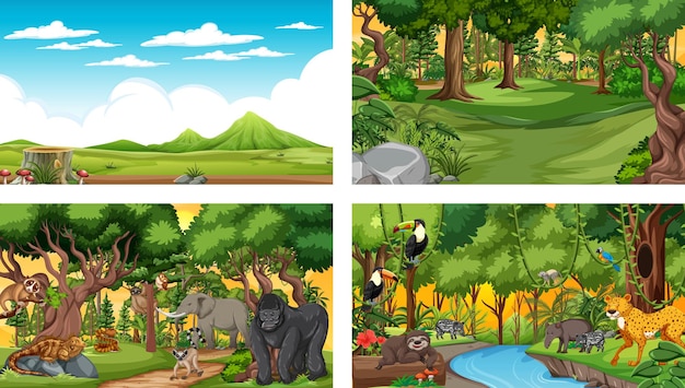 Vector conjunto de escena horizontal de bosque diferente con varios animales salvajes.