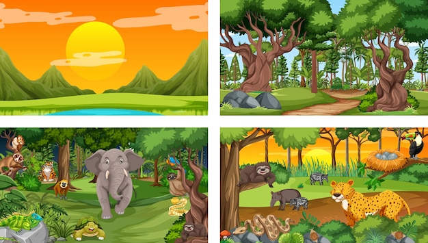 Conjunto de escena horizontal de bosque diferente con varios animales salvajes.