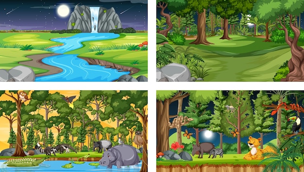 Conjunto de escena horizontal de bosque diferente con varios animales salvajes.