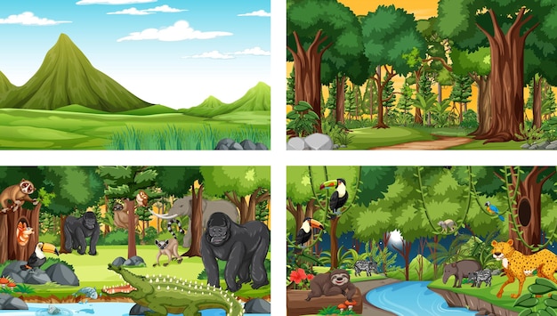Conjunto de escena horizontal de bosque diferente con varios animales salvajes.