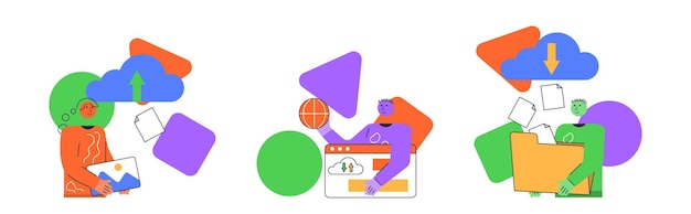 Conjunto de escena de tecnología en la nube Carácter abstracto lindo Tecnología SaaS software empaquetado Aplicación descentralizada Licencias de software de computación en la nube Ilustración vectorial