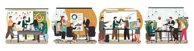 Conjunto de escena de trabajo en equipo de oficina Gente de negocios reunión discusión asociación apretón de manos presentación mejor trato vector