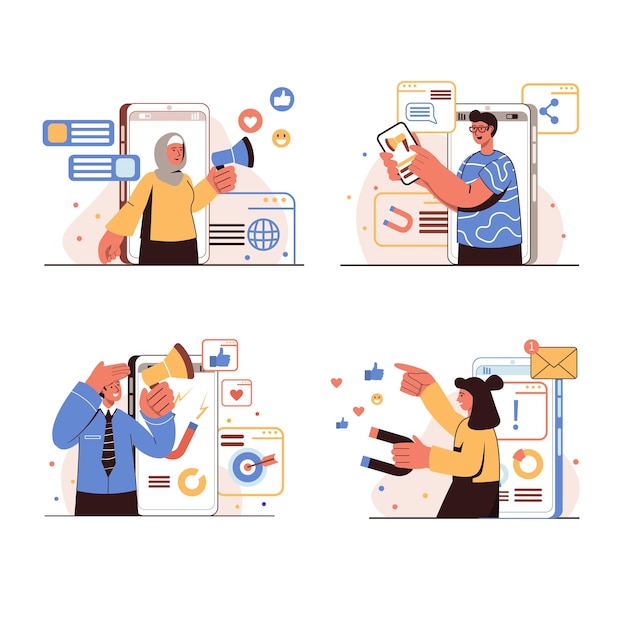 Conjunto de escenas aisladas de concepto de personas de marketing en redes sociales. Hombres y mujeres promueven negocios en línea, realizan campañas publicitarias, correos electrónicos publicitarios, atraen nuevos clientes. Ilustración vectorial en diseño plano