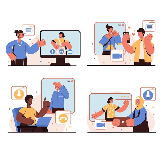 Conjunto de escenas aisladas de video chat personas concepto. hombres y mujeres hablando en videollamadas utilizando aplicaciones para teléfono móvil o computadora. comunicación online. ilustración vectorial en diseño plano